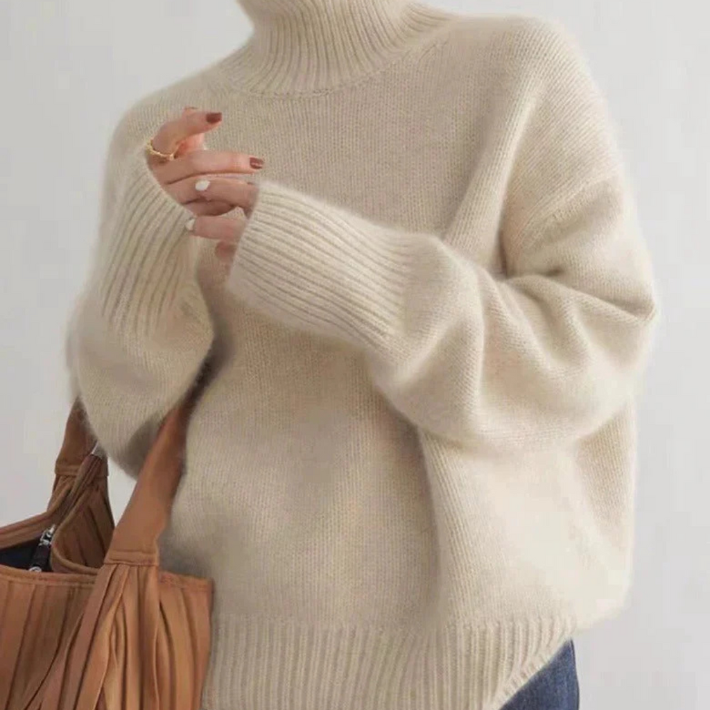 Jesie-London Amelia women's oversized turtleneck sweater in casual knit, shown in a cozy, relaxed fit with a high neckline.