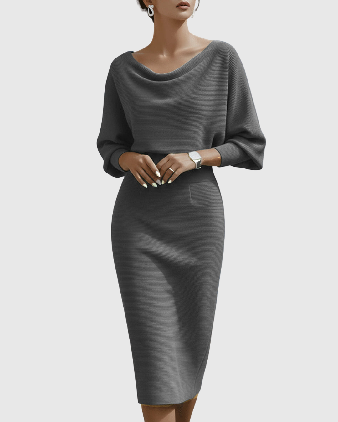 Jesie-London Grace women's elegant draped knit midi dress, showcasing a sophisticated design with flowing fabric and a fitted silhouette.