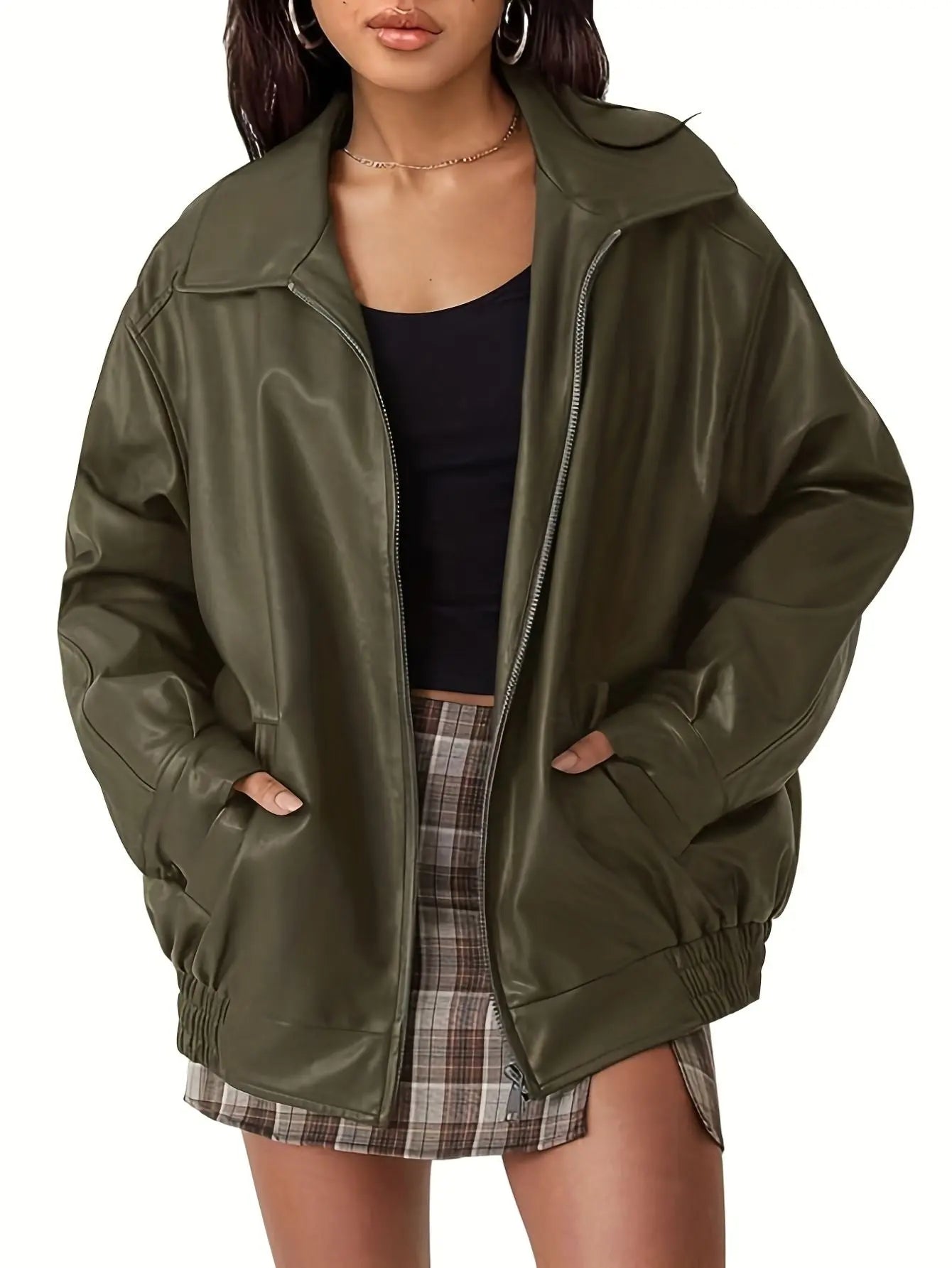Women’s oversized leather bomber jacket from Jesie-London's Eloise collection, featuring a classic, stylish design in black leather.