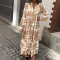 Jesie-London Ava women's boho printed long sleeve midi dress with flowy fabric and vibrant floral pattern.