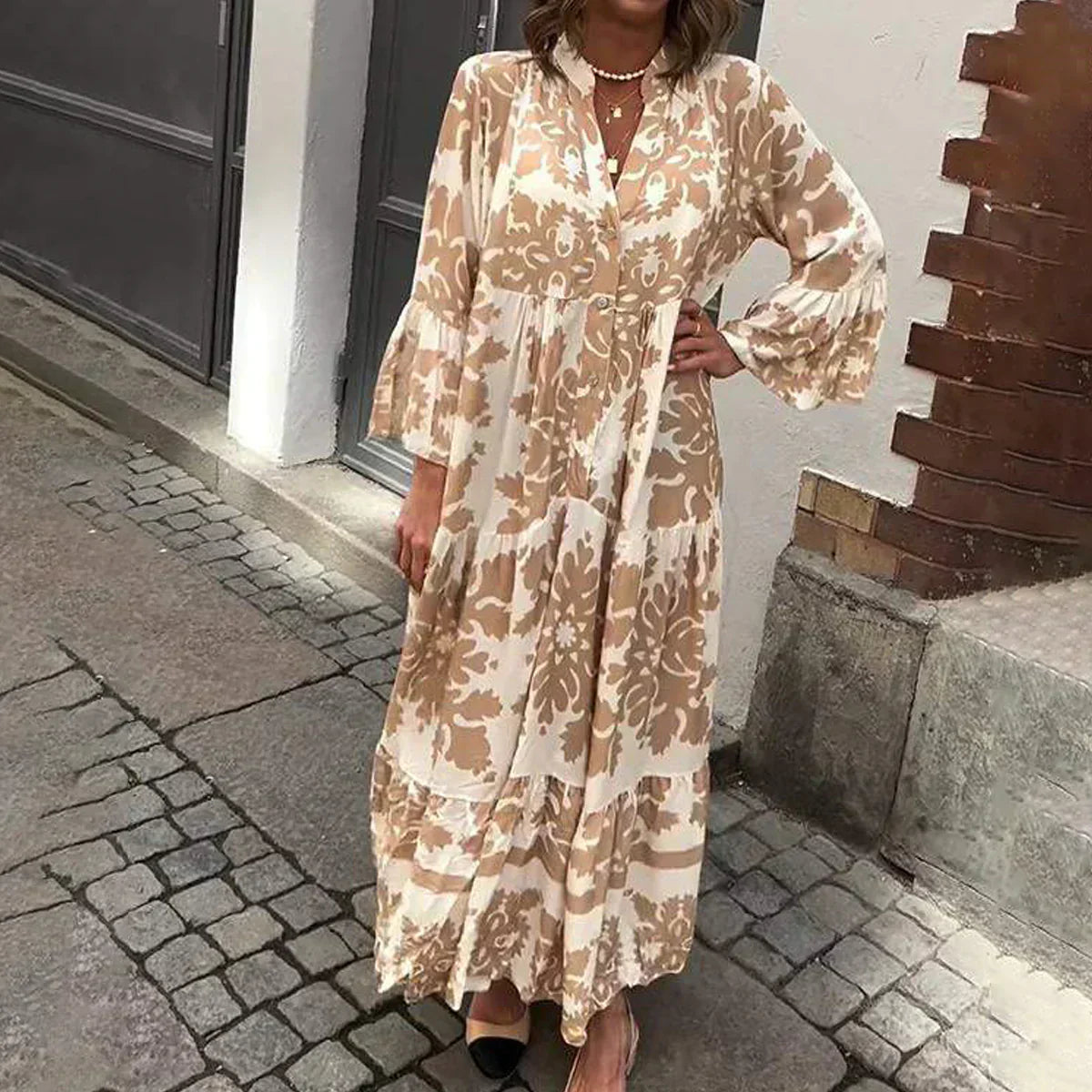 Jesie-London Ava women's boho printed long sleeve midi dress with flowy fabric and vibrant floral pattern.