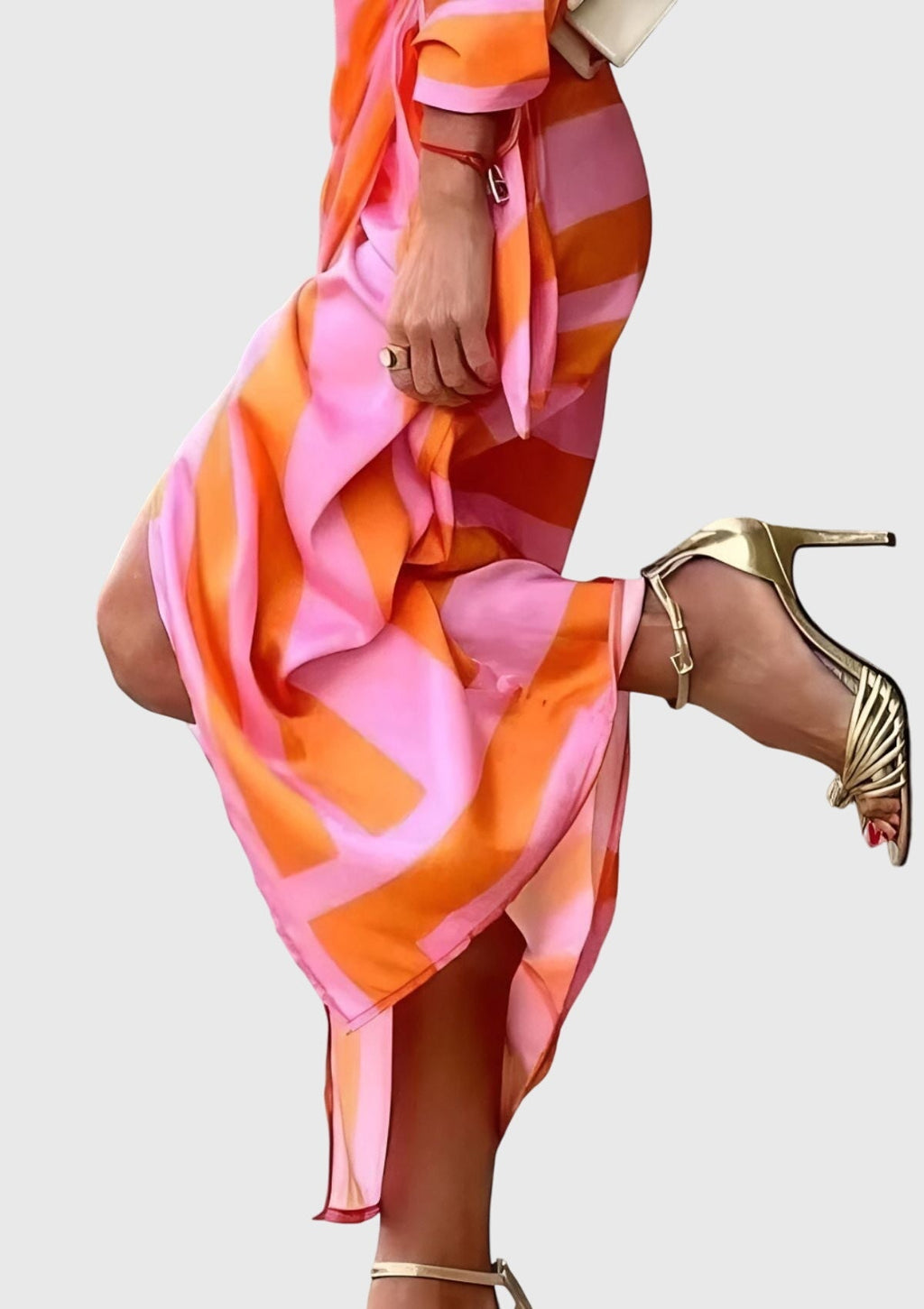 Jesie-London Emma women's striped wrap midi dress shown on a model, featuring a stylish wrap design and knee-length hem.