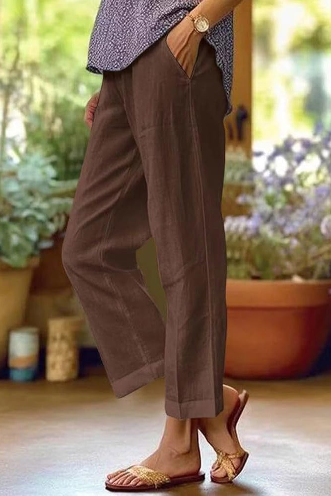 Sophie women's casual straight-leg pocket pants by Jesie-London, featuring a relaxed fit and front pockets, in a neutral color.