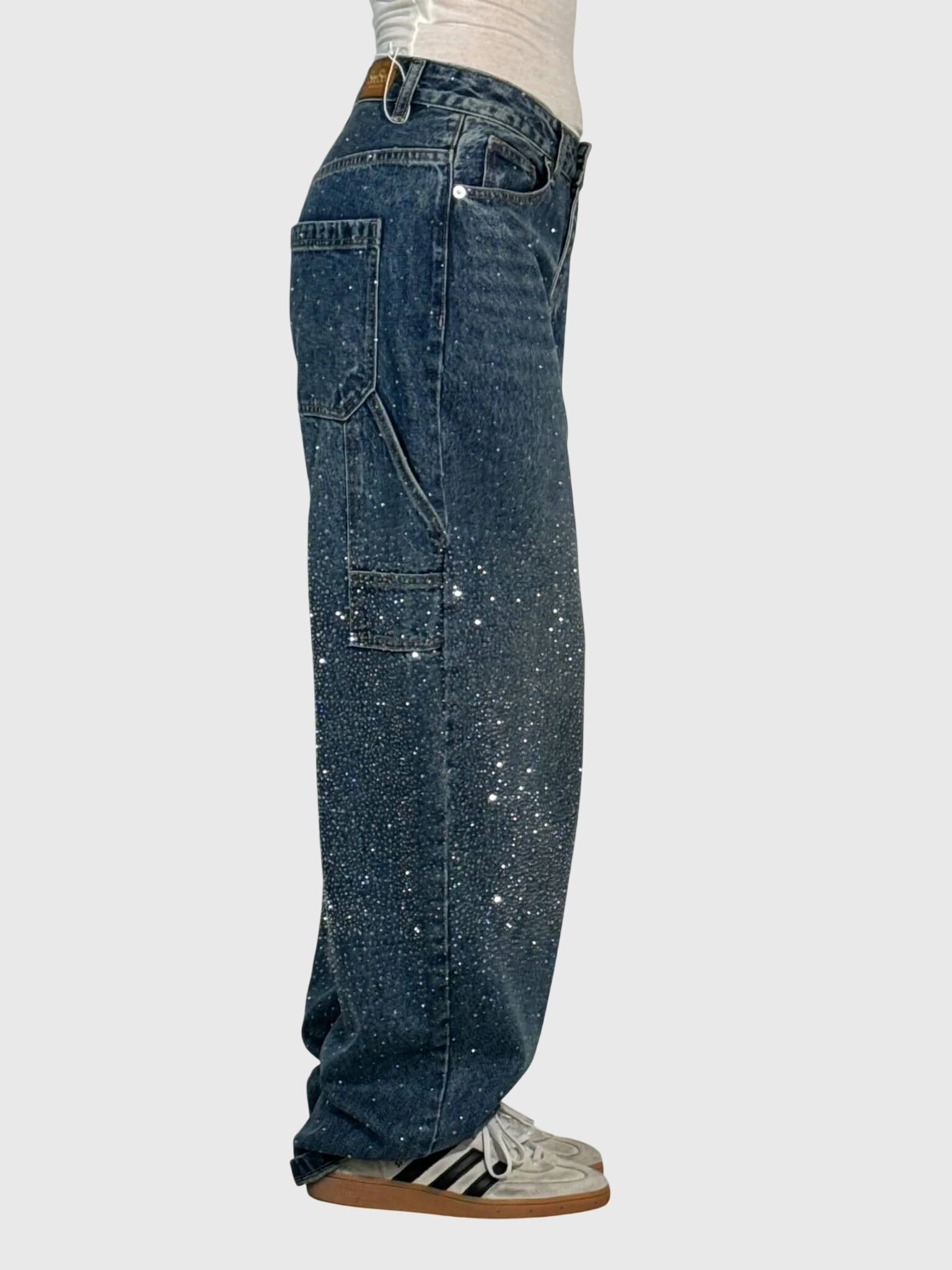 Women’s sparkle diamond denim pants from Jesie-London, featuring shiny embellishments and a stylish fit.