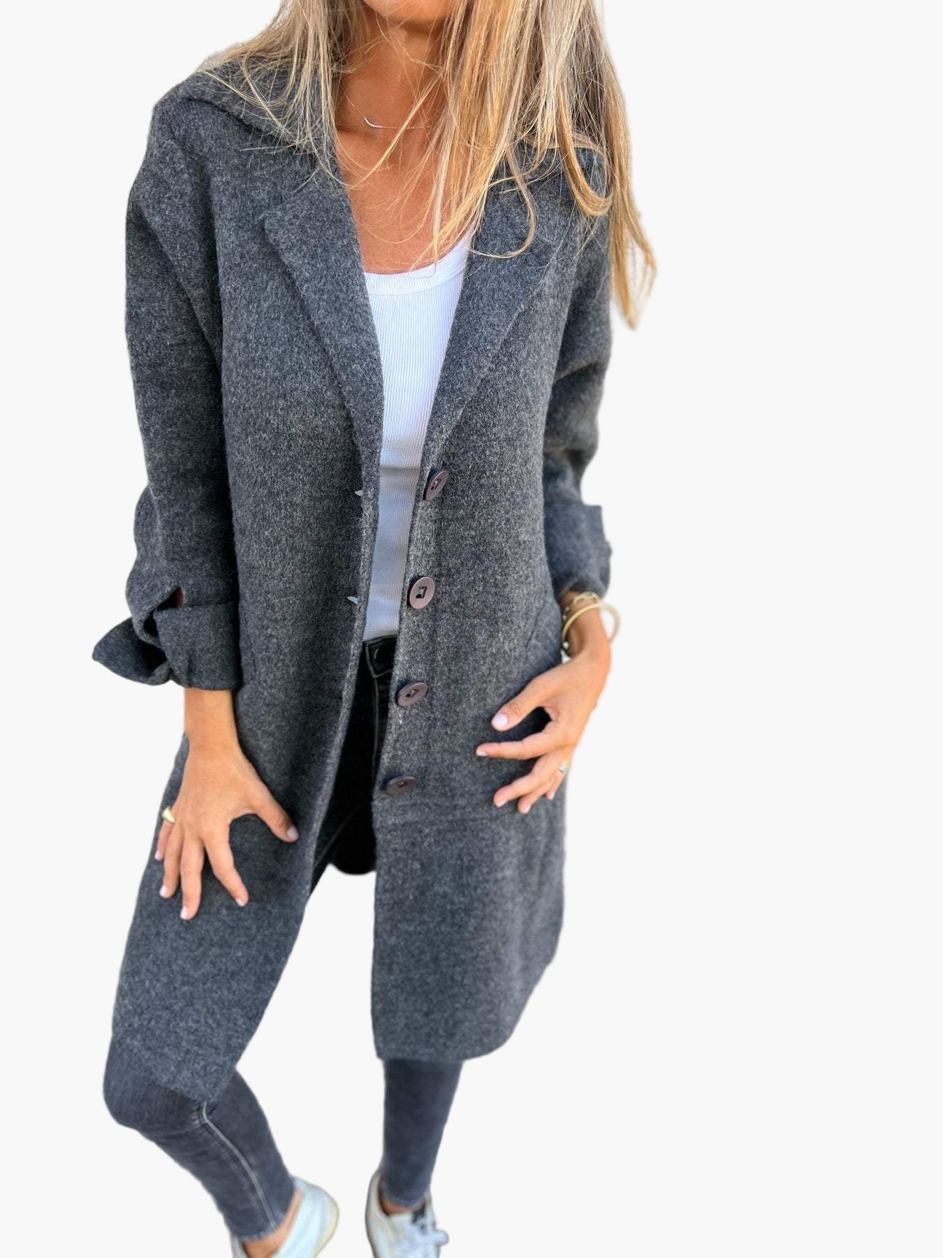Women’s oversized button-down trench coat by Jesie-London, cozy and stylish with a relaxed fit and classic design.
