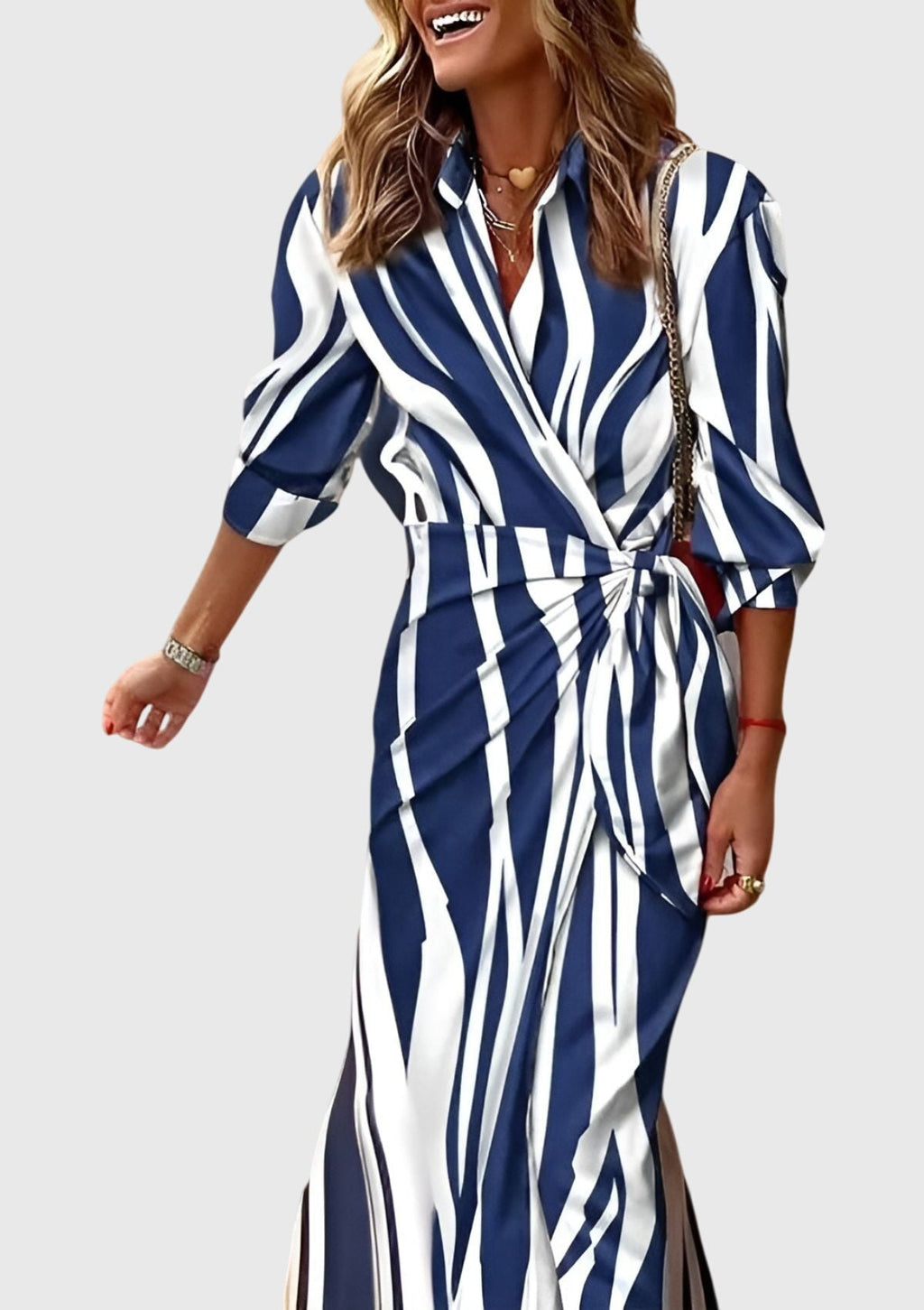 Emma women's striped wrap midi dress by Jesie-London, featuring a fitted waist and stylish midi length.
