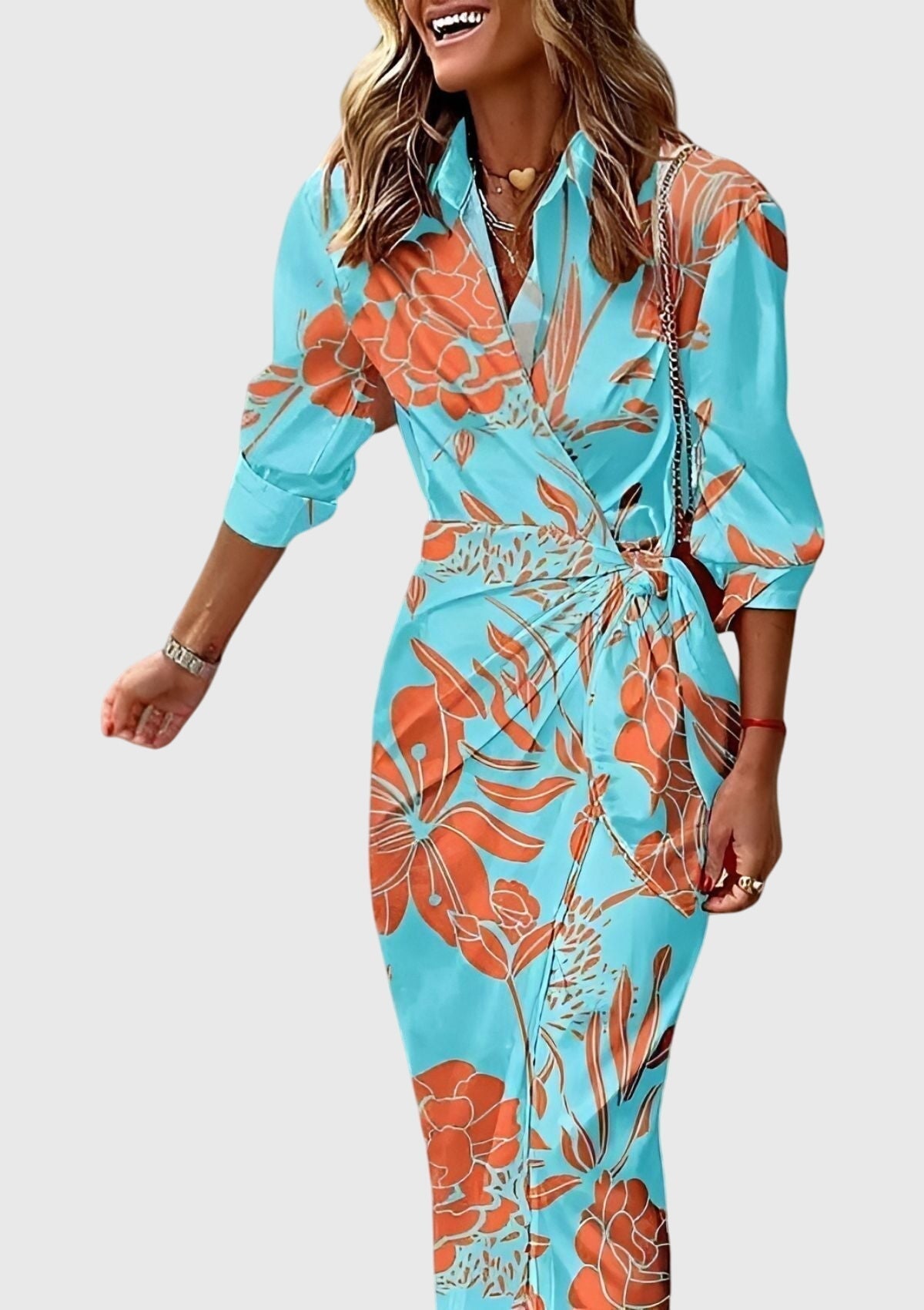 Jesie-London Emma women's striped wrap midi dress with long sleeves and a fitted waist, displayed on a mannequin.
