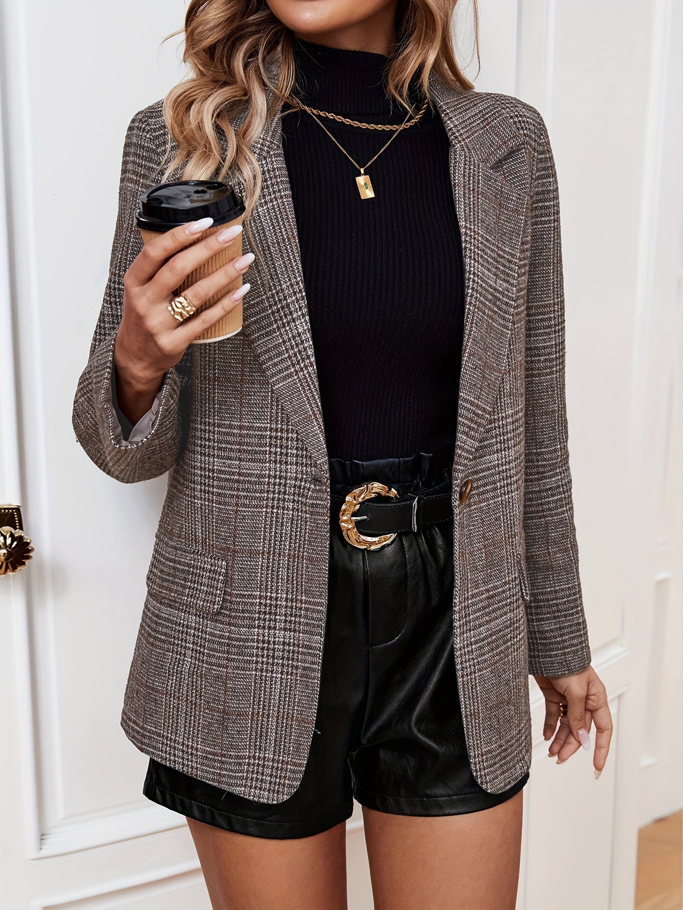 Gabriella women's plaid long sleeve casual blazer by Jesie-London, featuring a stylish checkered pattern and tailored fit.