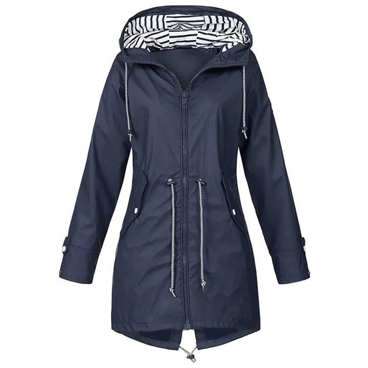 Jesie-London Sophia women's modern relaxed fit rain jacket, navy blue with hood and waterproof fabric, displayed on a hanger.