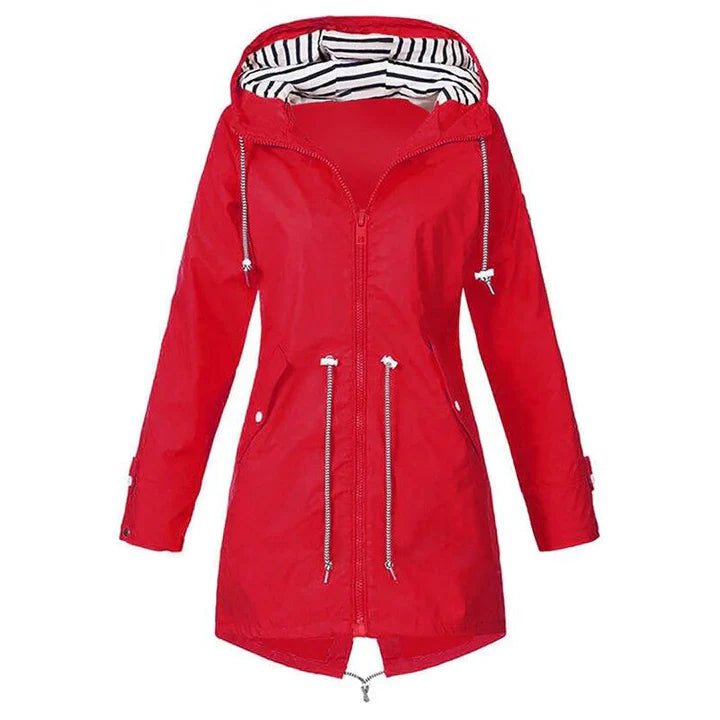 Jesie-London Sophia women's modern relaxed fit rain jacket in waterproof material, shown in a casual outdoor setting