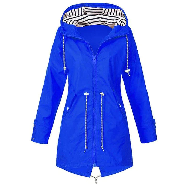 Jesie-London Sophia women's modern relaxed fit rain jacket with adjustable hood and waterproof fabric, suitable for all weather.