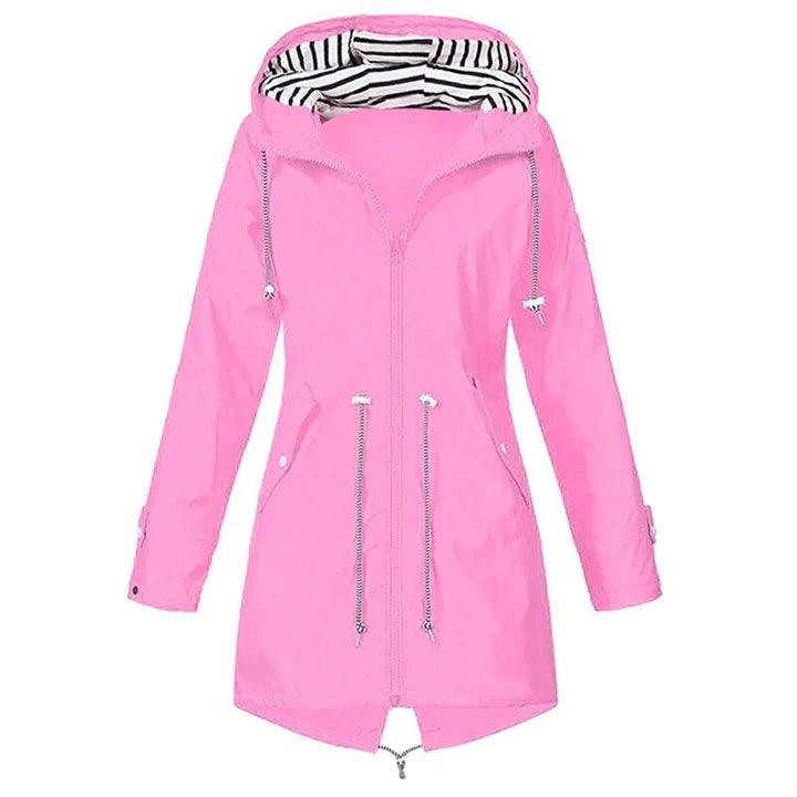 Sophia women's modern relaxed fit rain jacket by Jesie-London, lightweight waterproof outerwear with a hood and snap buttons.