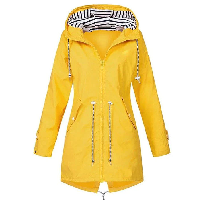 Sophia women's modern relaxed fit rain jacket by Jesie-London, lightweight waterproof outerwear with hood and adjustable cuffs.