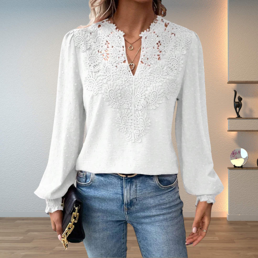 Jesie-London Darcey women's V neck long sleeve blouse with floral details, featuring a feminine and elegant design.
