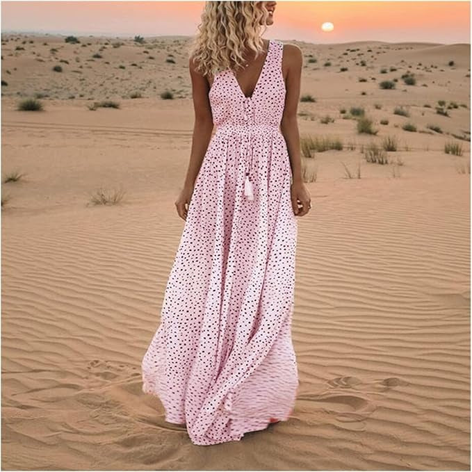Jesie-London Catherine women's boho sleeveless V-neck maxi dress displayed on a model with flowing fabric and bohemian style details.