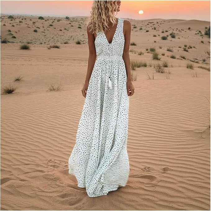 Jesie-London Catherine women's boho sleeveless V-neck maxi dress, flowing fabric and relaxed fit with bohemian style.