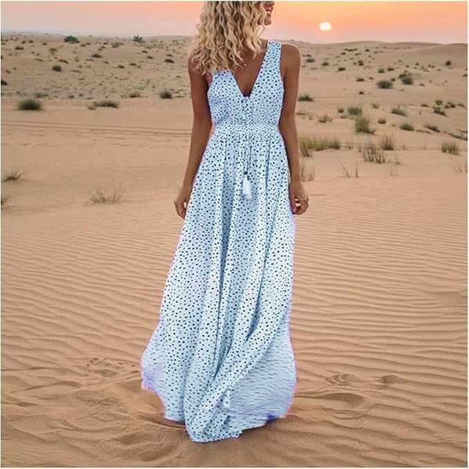 Jesie-London Catherine women's boho sleeveless V-neck maxi dress with flowing fabric and bohemian style, perfect for summer occasions.