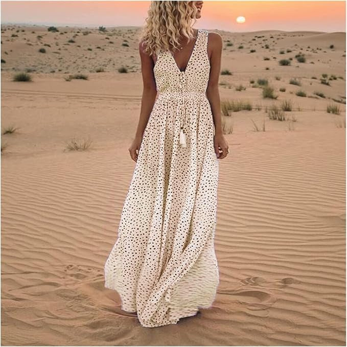 Jesie-London Catherine women's boho sleeveless V-neck maxi dress with flowing fabric and bohemian style, perfect for summer wear.