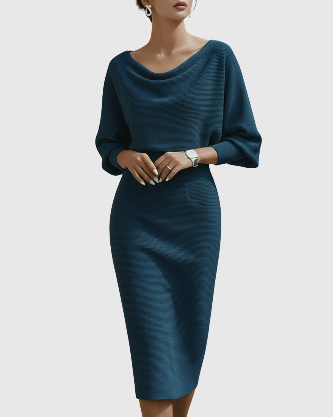Jesie-London Grace women's elegant draped knit midi dress, showcasing soft fabric, stylish design, and feminine silhouette.