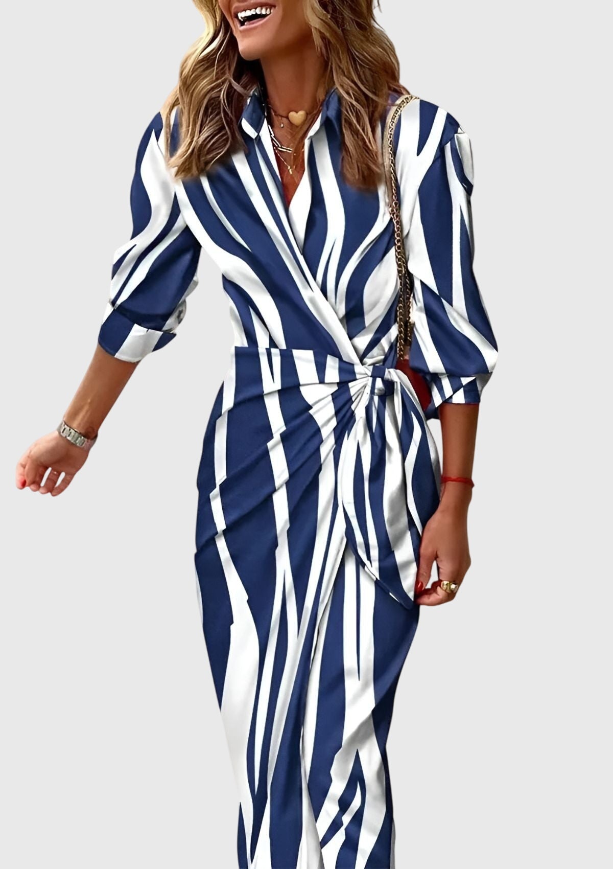 Emma women's striped wrap midi dress by Jesie-London, features a stylish wrap design with bold stripe pattern and midi length.