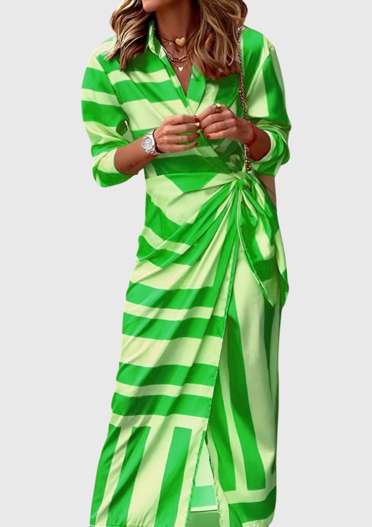 Emma women's striped wrap midi dress by Jesie-London, featuring a stylish wrap design and bold striped pattern.