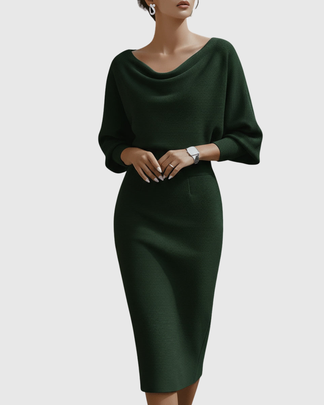 Jesie-London Grace women's elegant draped knit midi dress, showcasing its flowing fabric and sophisticated style.