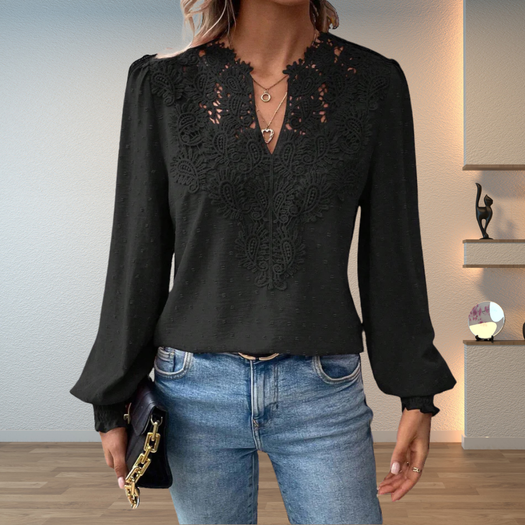Jesie-London Darcey women's V-neck long sleeve blouse with floral details, elegant and stylish for casual or dressy wear.