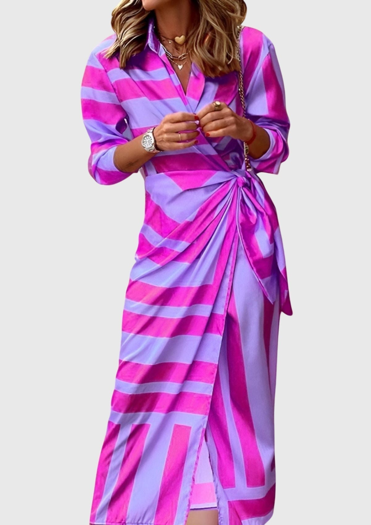 Emma women's striped wrap midi dress by Jesie-London, shown on a model with a fitted waist and knee-length hem.
