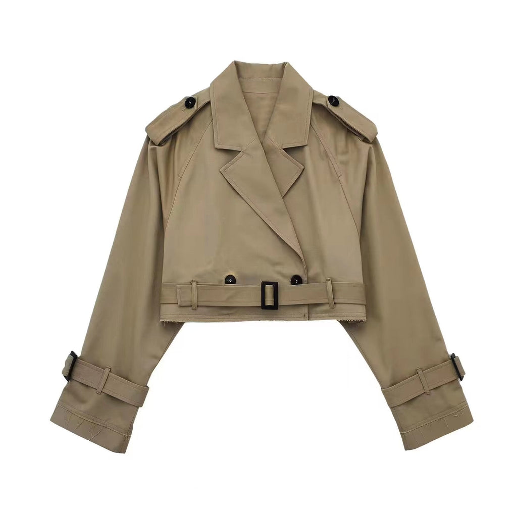 Jessica women's short double-breasted trench coat by Jesie-London, stylish beige coat with classic lapels and belt detail.