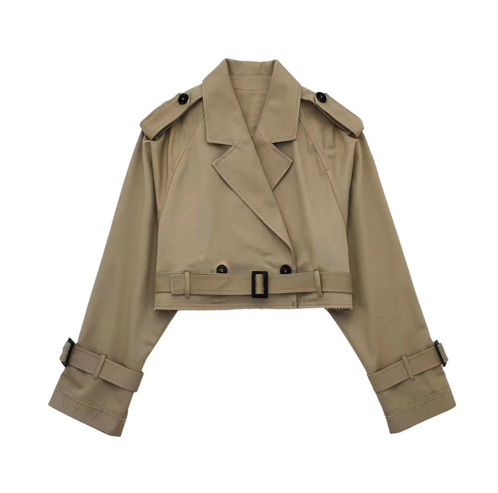 Jessica women's short double-breasted trench coat by Jesie-London, stylish beige coat with classic lapels and belt detail.