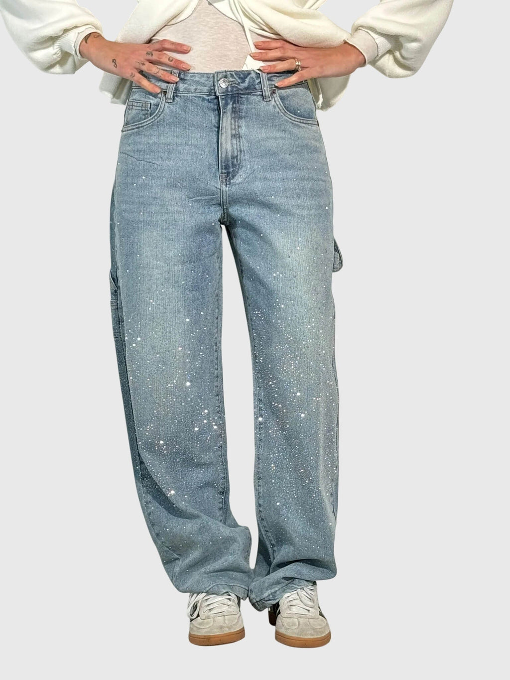Women’s sparkle diamond denim pants by Jesie-London featuring shiny embellishments and classic denim fabric.