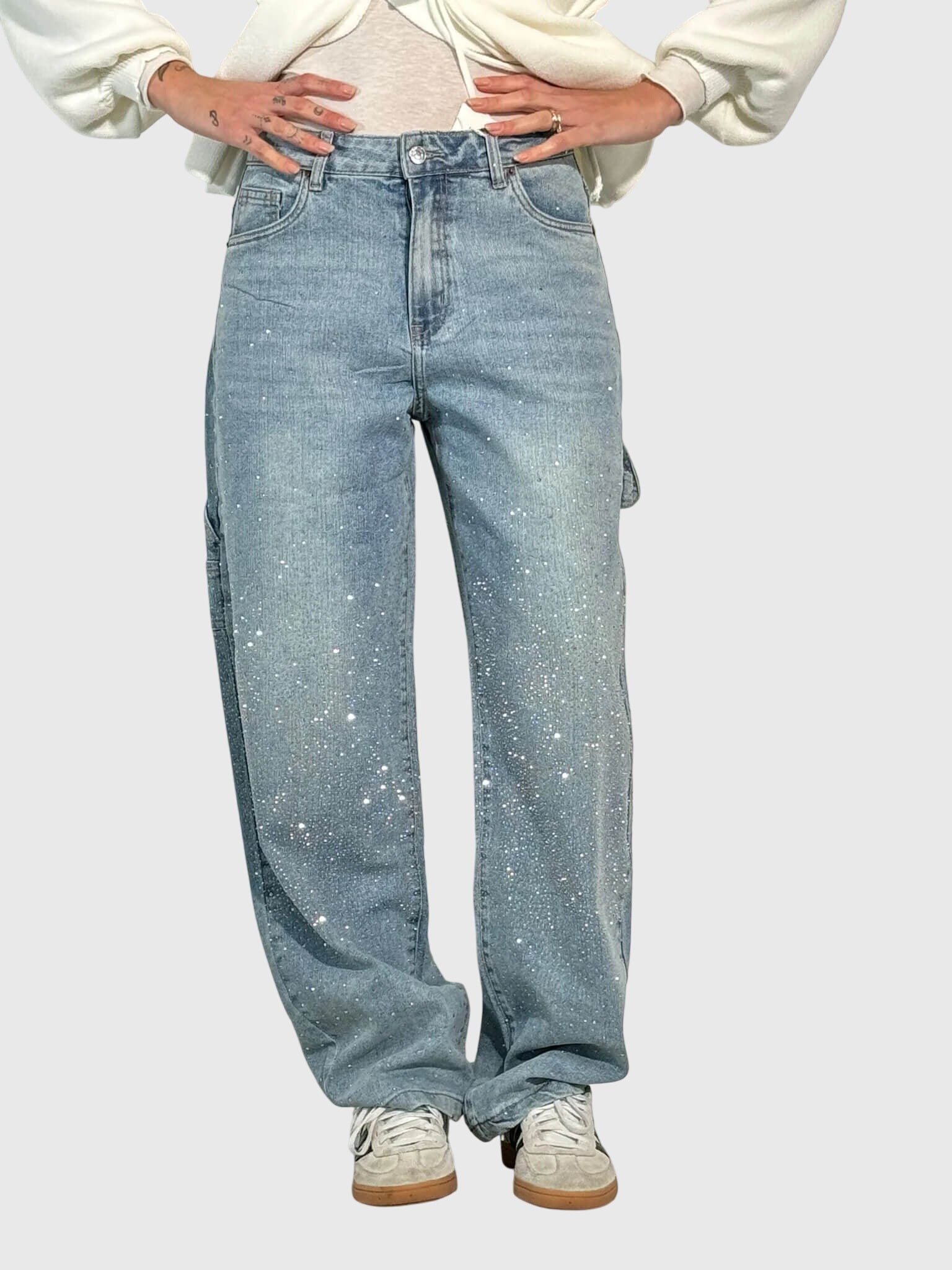 Women’s sparkle diamond denim pants by Jesie-London featuring shiny embellishments and classic denim fabric.