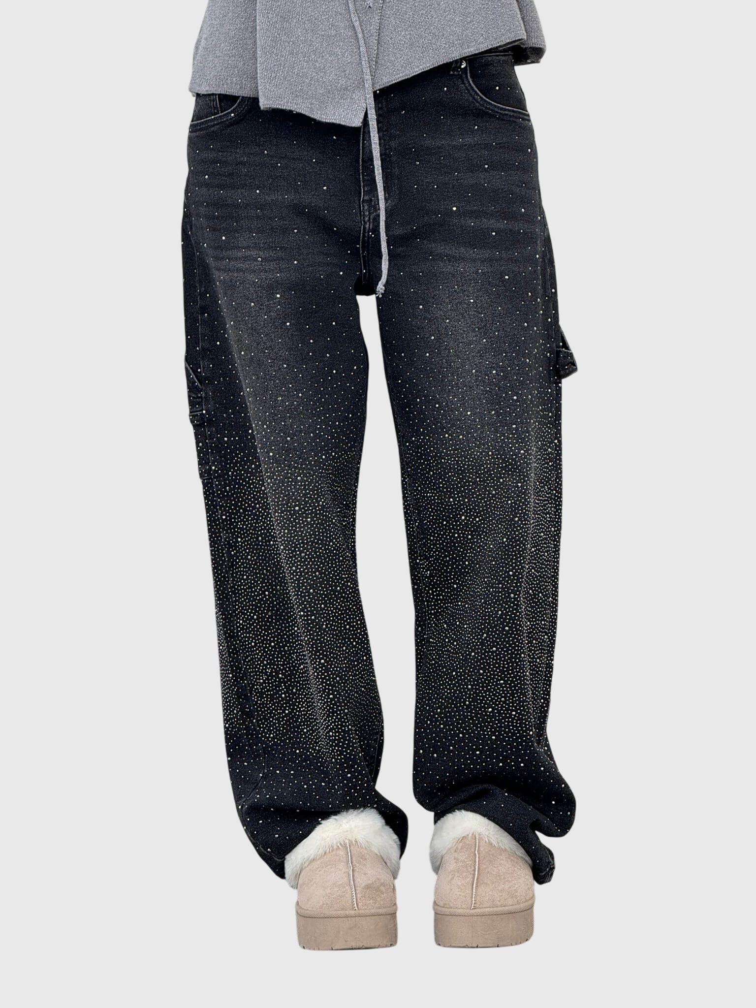 Women’s sparkle diamond denim pants by Jesie-London, featuring shiny embellishments and classic denim fit.