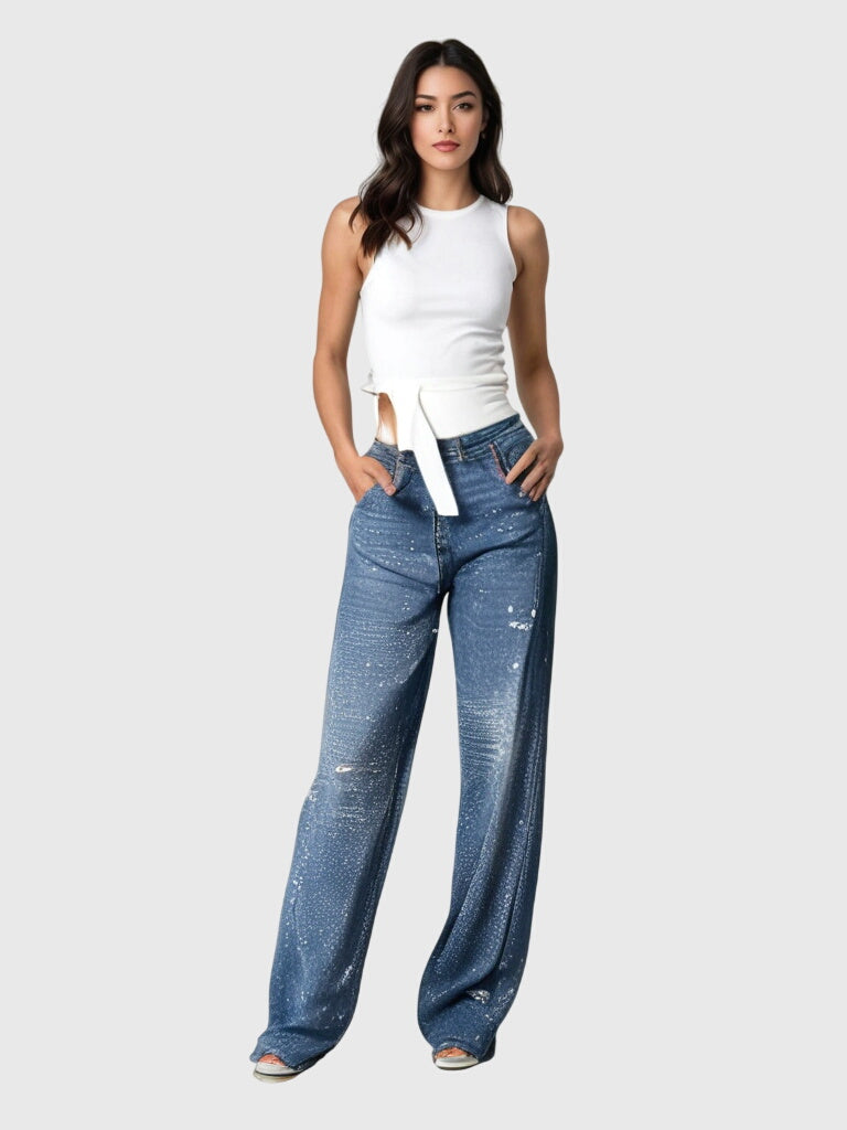 Women’s sparkle diamond denim pants by Jesie-London, featuring shiny embellishments and a stylish fit, shown on a model.
