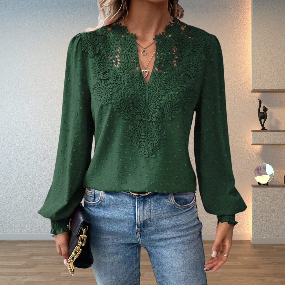Jesie-London Darcey women's V-neck long sleeve blouse with floral details, shown in a stylish floral print design.