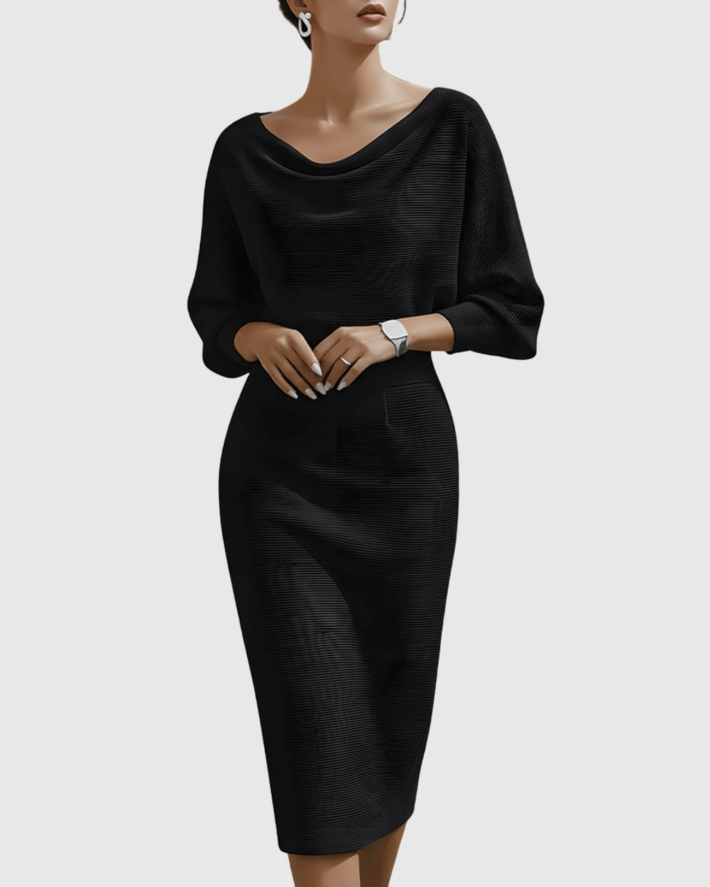 Jesie-London Grace women's elegant draped knit midi dress displayed with flowing fabric and sophisticated design.