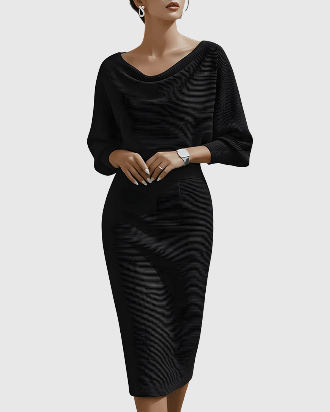 Jesie-London Grace women's elegant draped knit midi dress displayed with flowing fabric and sophisticated design.
