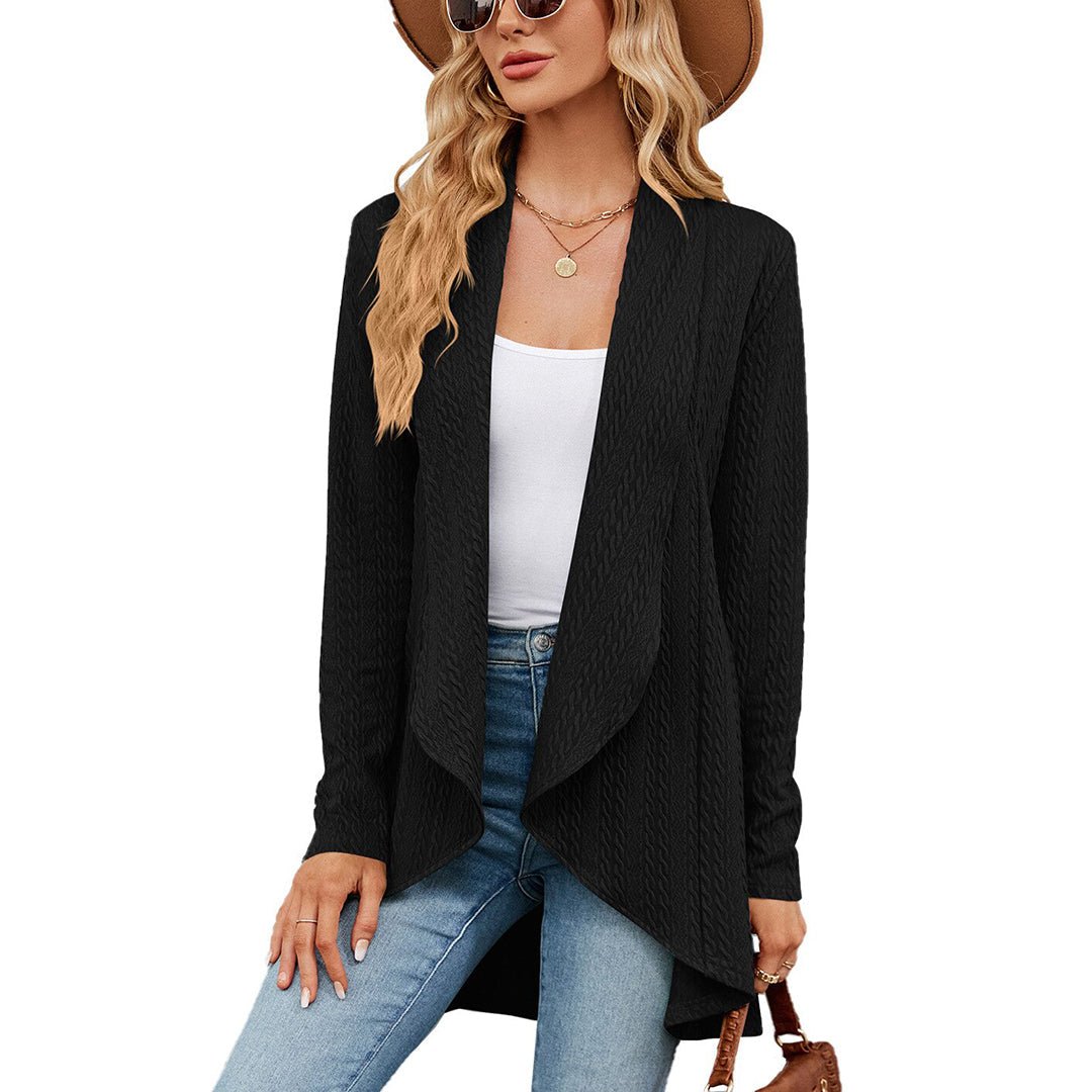 Black Chloe women's casual open front long cardigan by Jesie-London, featuring a relaxed fit and lightweight knit fabric.