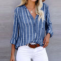 Jesie-London Freya women's striped long sleeve button top, loose and casual with vintage autumn-inspired design and oversized fit.