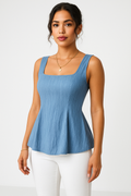 Women’s spring sleeveless peplum top with square neckline by Jesie-London, featuring a stylish floral pattern on lightweight fabric.