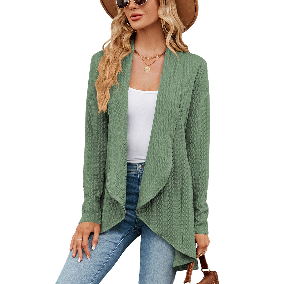 Deep green Jesie-London women's casual open front long cardigan by Chloe, featuring a cozy, relaxed fit and stylish long design.