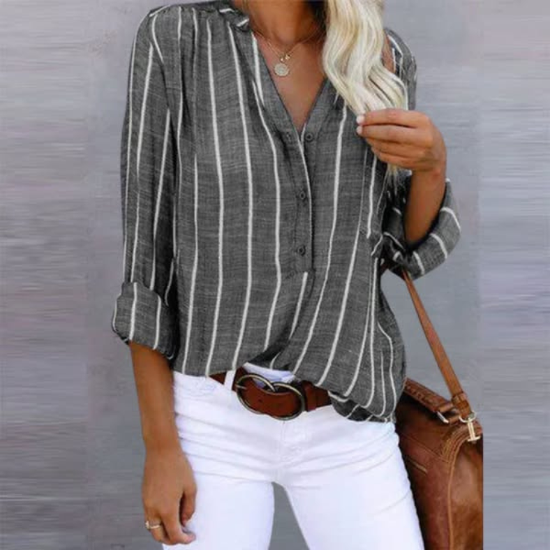 Jesie-London Freya women's long sleeve striped button top, casual fashion with navy and white horizontal stripes