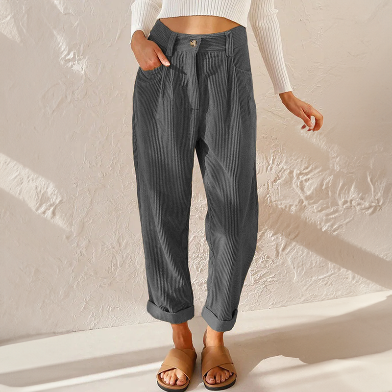Ariel women’s high waist wide leg pants by Jesie-London, casual corduroy fabric in a relaxed fit, shown in a neutral color.