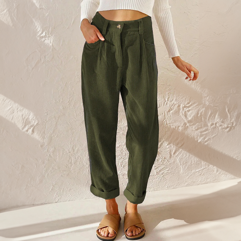 Ariel women's high waist wide leg pants by Jesie-London, beige casual corduroy trousers with a relaxed fit.