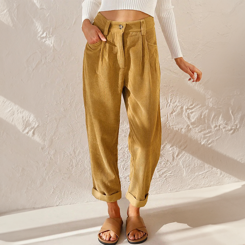 Ariel women high waist wide leg pants by Jesie-London, beige corduroy fabric, relaxed fit, and stylish casual design.