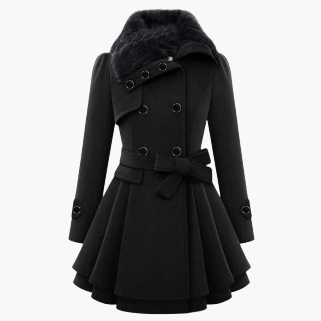 Jesie-London Lydia women’s elegant waist tie short dress coat in warm winter fabric, shown on a model.