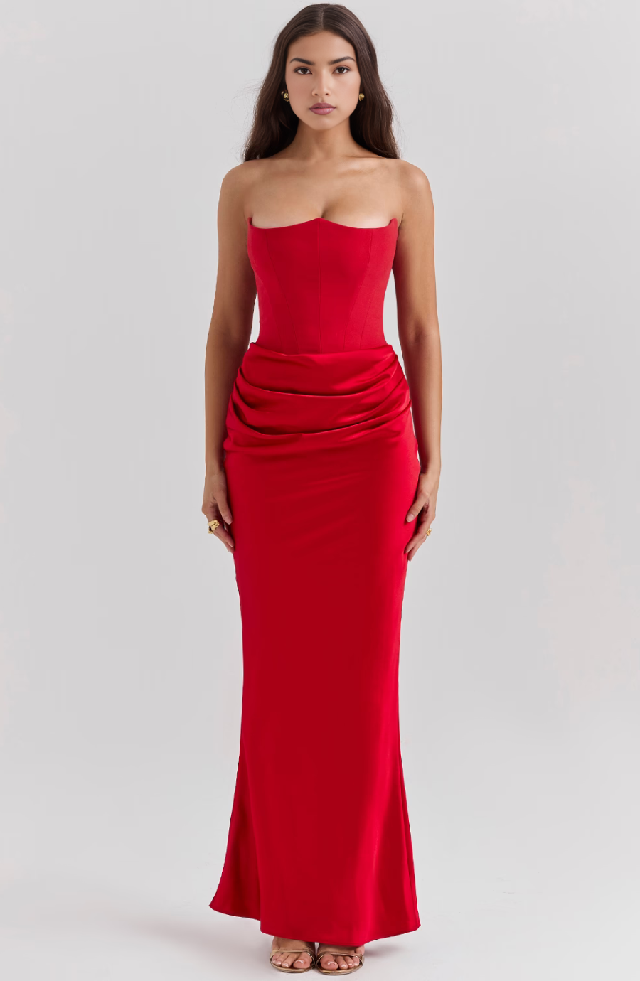 Jesie-London Camille women’s strapless corset bodycon maxi dress, elegant black dress with fitted bodice and flowing skirt.
