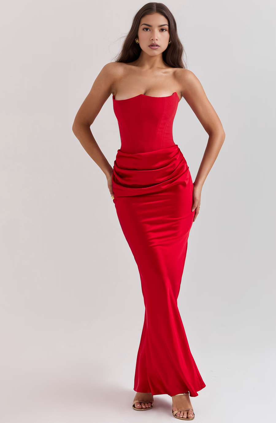 Jesie-London Camille women's strapless corset maxi dress, form-fitting bodycon gown with elegant design and smooth fabric.