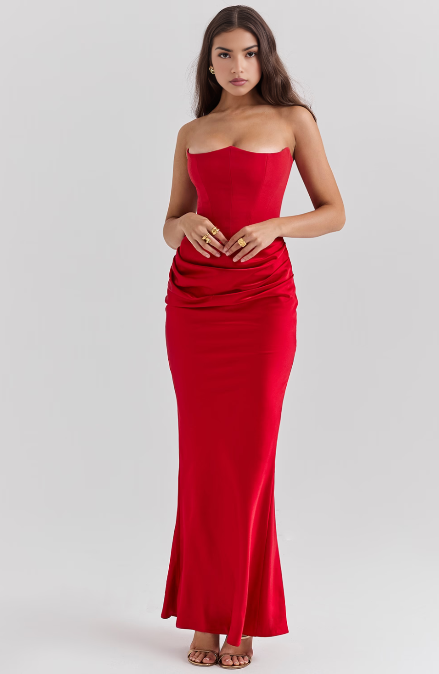Jesie-London Camille women’s strapless corset bodycon maxi dress, elegant black gown with fitted bodice and flowing skirt.