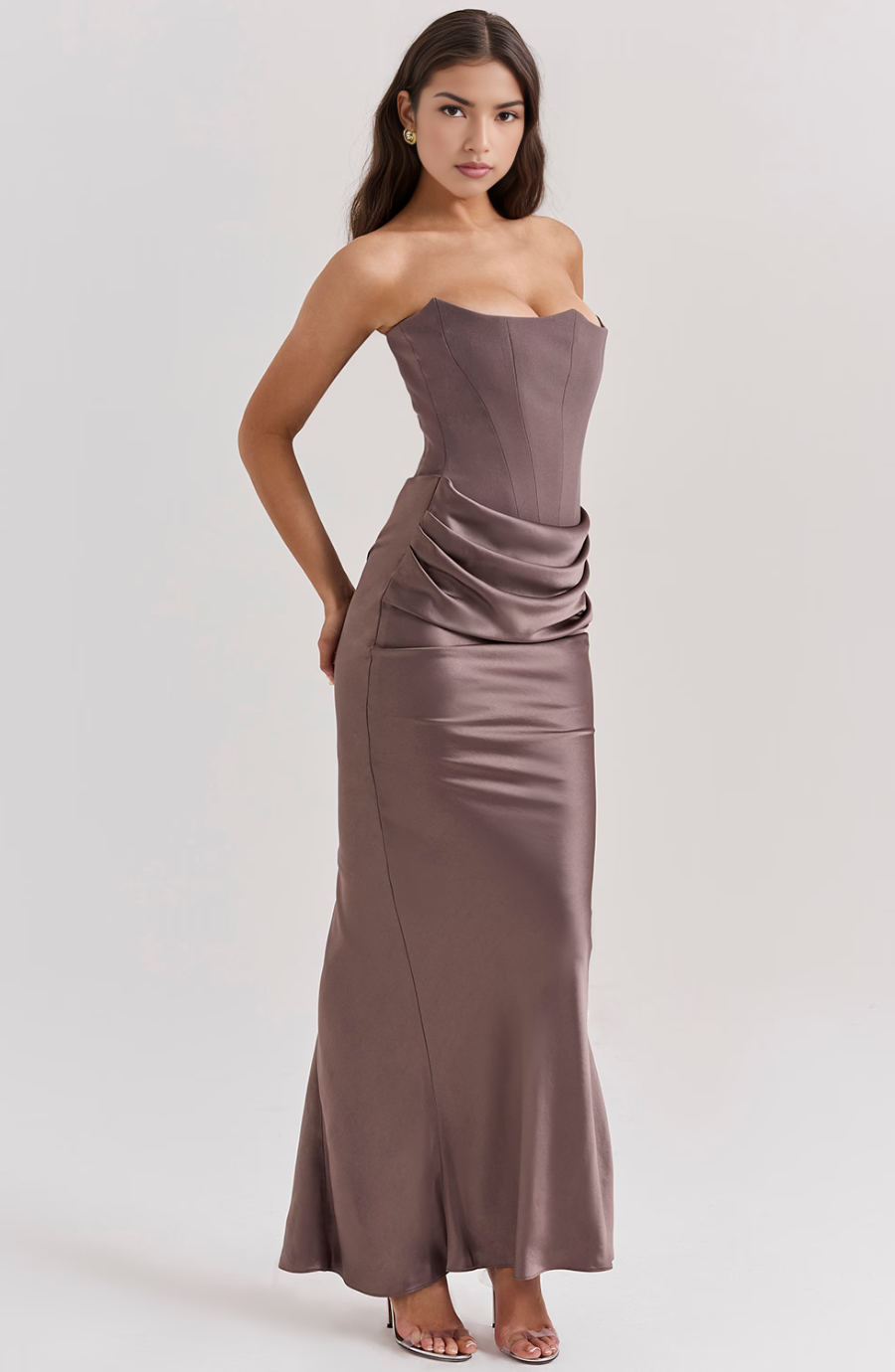 Jesie-London Camille women’s strapless corset bodycon maxi dress, elegant black dress with fitted bodice and flowing skirt.